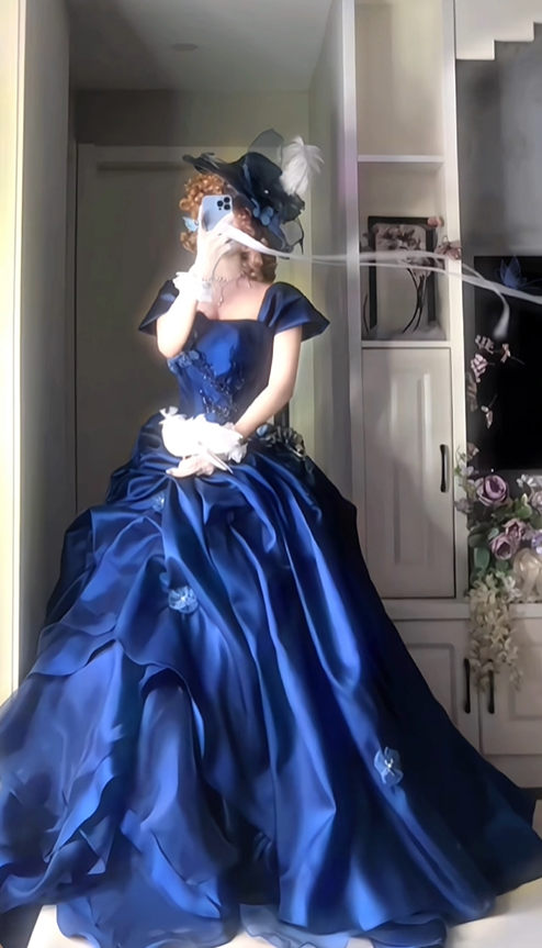 Elegant Blue A Line Straps Floral Satin Prom Dress Graduation Ball Gown DP4570