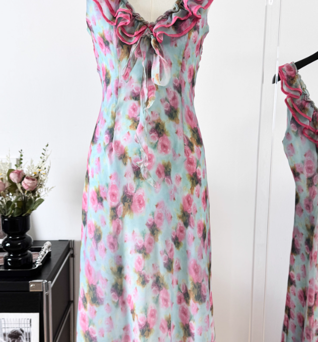 Gentle A Line V Neck Print Floral Chiffon Vacation Dress Prom Dress Outfits DP3554