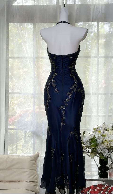 Vintage Mermaid Halter Beads Ruffles Chiffon Prom Dress Evening Dress DP1438