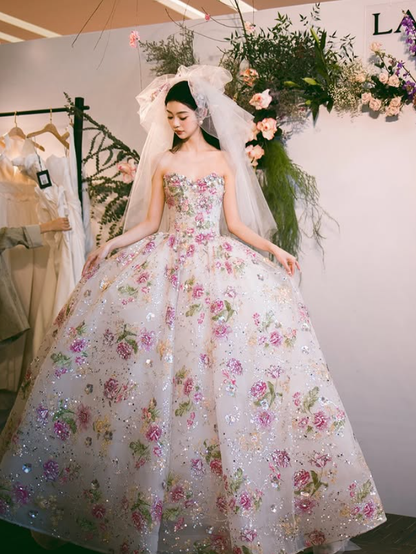 Romantic Pink Rose Ball Gown Strapless Exquisite Beaded Tulle Long Prom Dress DP4603