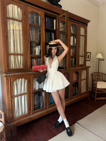 Open Back White A Line V Neck Satin Short Homecoming Dress Cocktail Dress DP2878