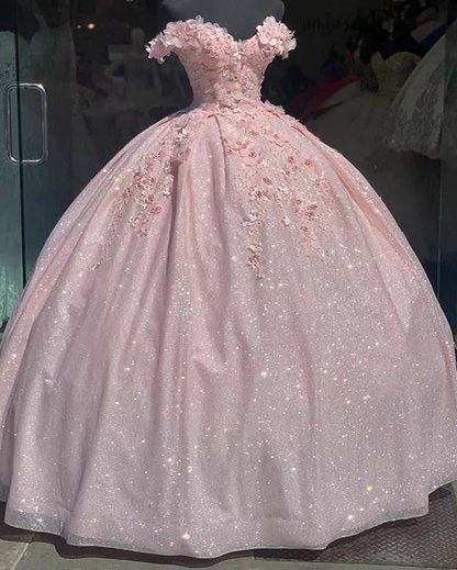 Pink Princess Off Shoulder Long Formal Prom Dress Flowers Appliques Quinceanera Dress Ball Gown DP698