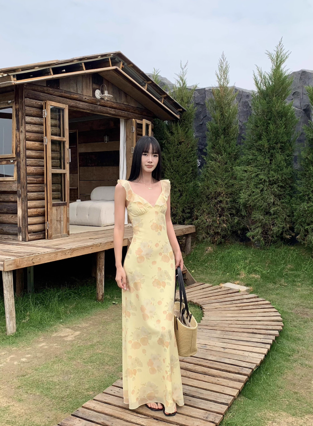 Yellow Print Floral A Line Straps Chiffon Prom Dress Party Dress Outfits DP3460