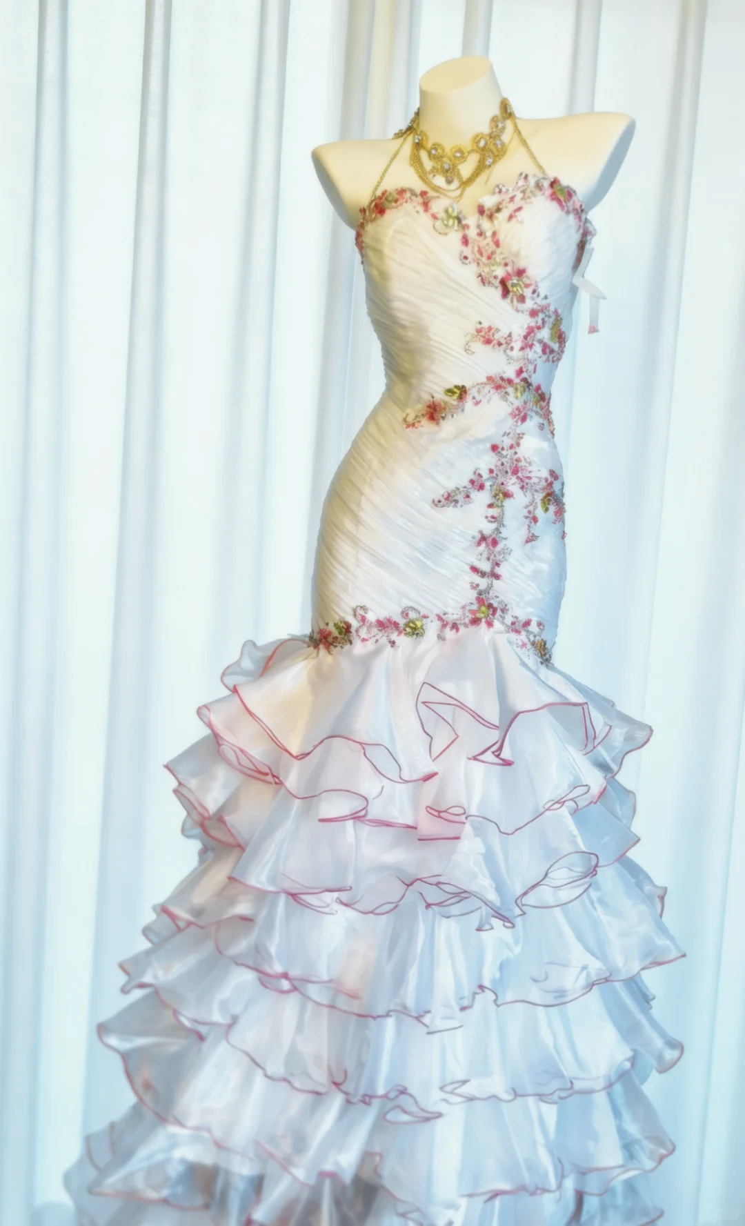 Stunning Vintage Mermaid Strapless Beaded Layered White Satin Prom Dress Evening Dress DP4727