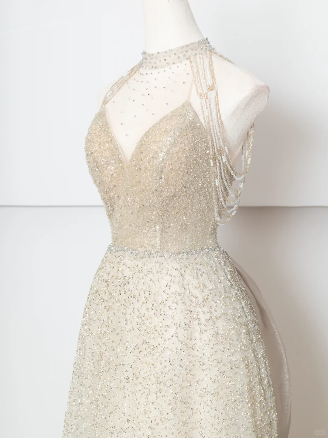 Shiny A Line Halter Beaded Sequin White Organza Long Prom Dresses DP4183
