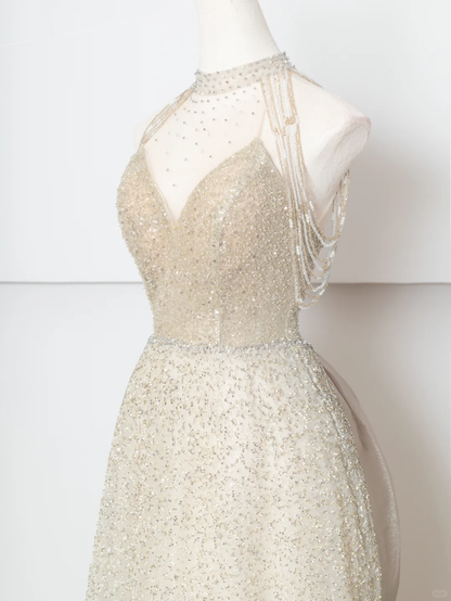 Shiny A Line Halter Beaded Sequin White Organza Long Prom Dresses DP4183