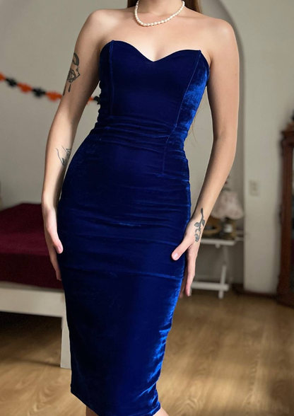 Vintage Sheath Sweetheart Neck Royal Blue Velvet Knee Length Prom Dress Evening Dress DP5727