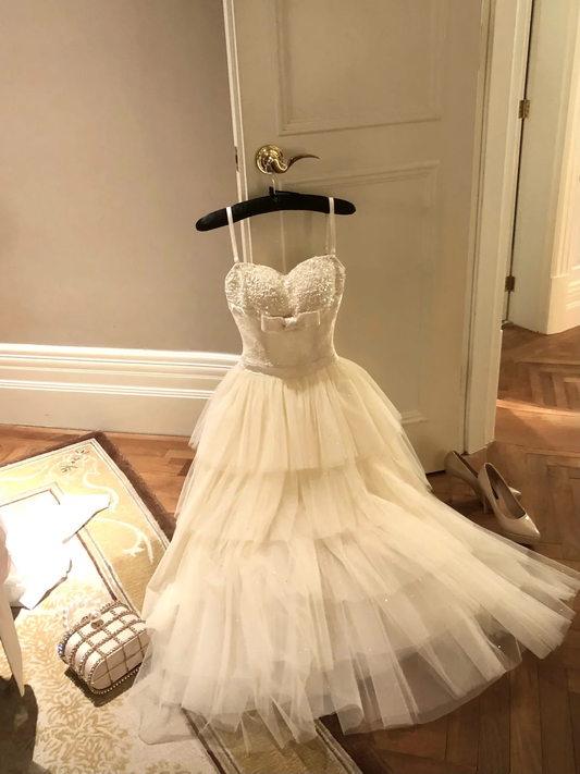 Cute A Line Spaghetti Strap White Beaded Layered Tulle Homecoming Dress Birthday Dress DP2462