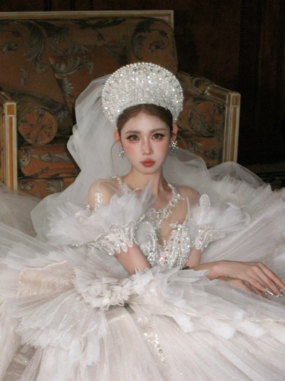 Exquisite Ball Gown Off the Shoulder Beaded Sequin White Tulle Prom Dress Wedding Dress DP4243