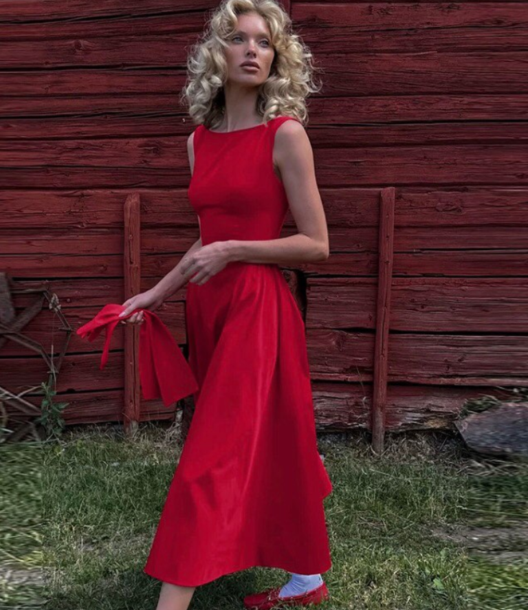 Cute Red A Line Round Neck Satin Open Back Prom Dress Outfits DP4252