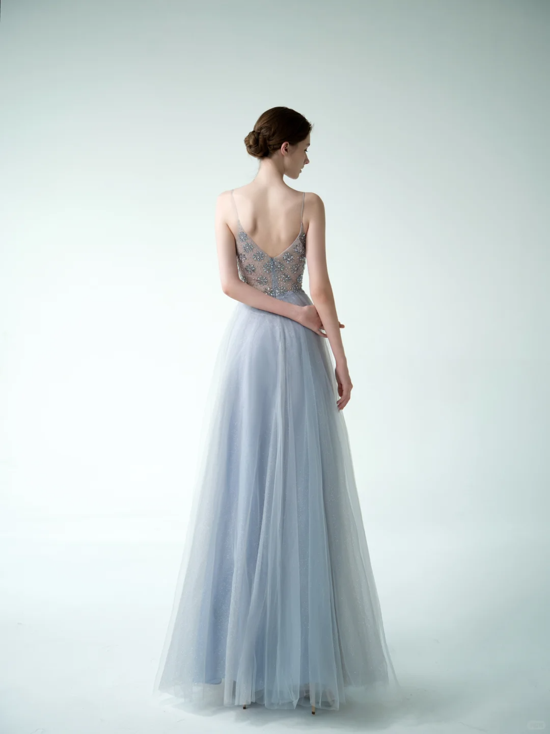 Blue A Line Spaghetti Strap Exquisite Beaded Tulle Prom Dress Evening Dress DP3738