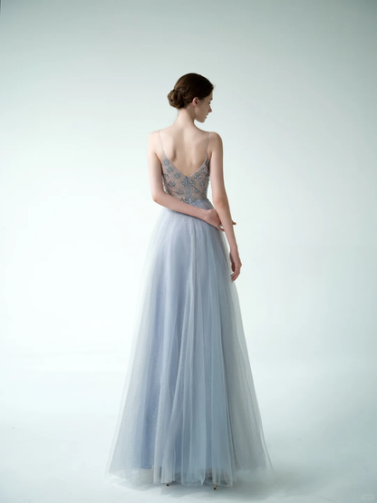 Blue A Line Spaghetti Strap Exquisite Beaded Tulle Prom Dress Evening Dress DP3738