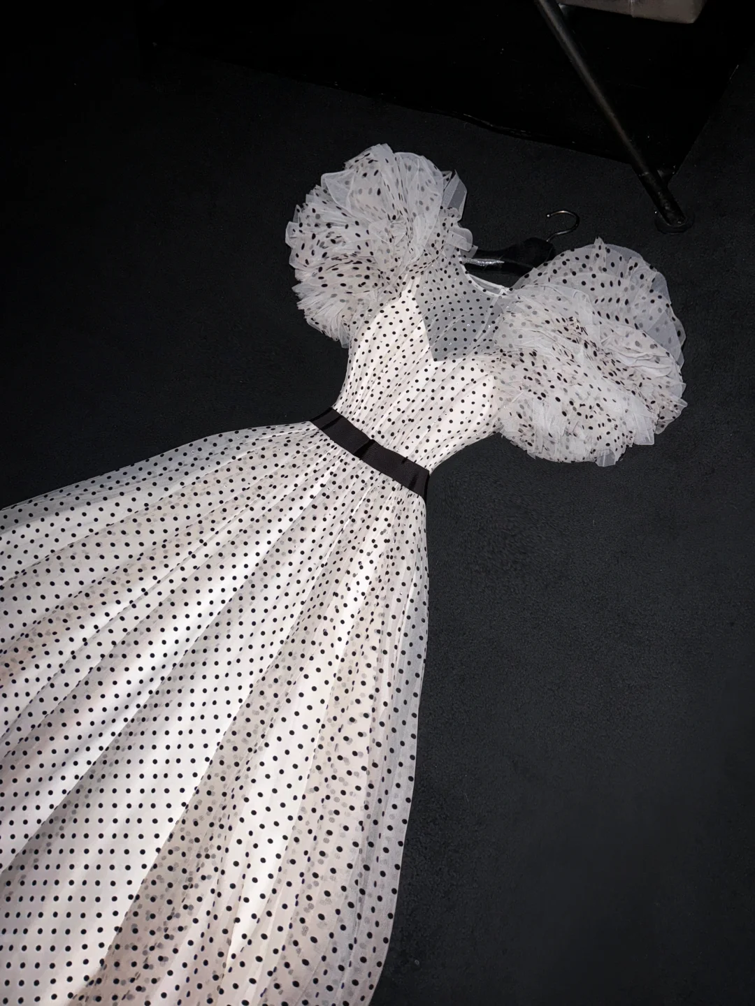 Polka Dots A Line Puff Sleeve Tulle Long Prom Dress Evening Dress DP2027
