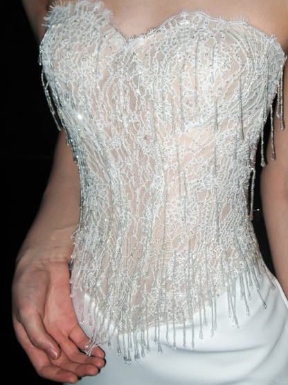 Shiny Mermaid Sweetheart Neck Beaded White Lace Satin Long Wedding Dress DP5210