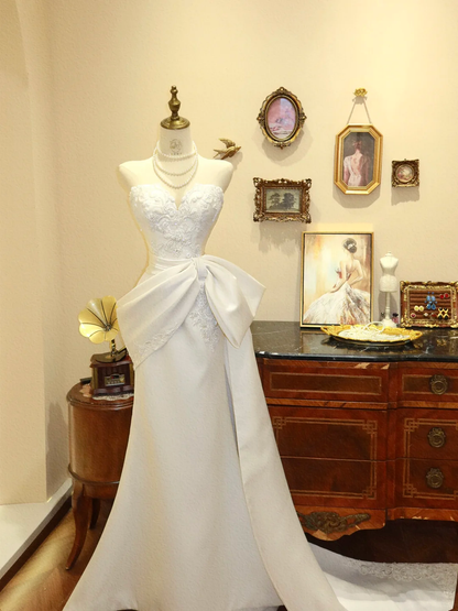 Pretty Mermaid Sweetheart Neck Beaded White Satin Long Prom Dress Wedding Dress DP7035