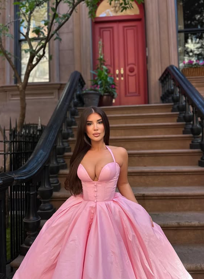 Pink A Line Halter Satin Tea Length Prom Dress Evening Dress DP5397