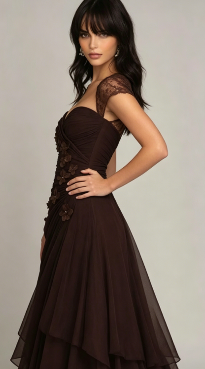 Stunning Brown Mermaid Appliques Layered Chiffon Prom Dress Graduation Prom Dress DP5101