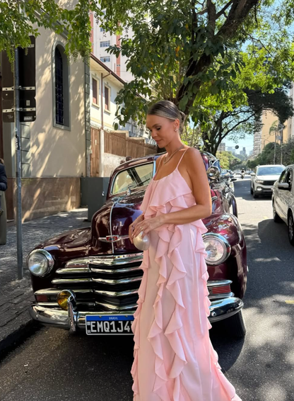 Pink A Line Spaghetti Strap Ruffle Chiffon Vacation Dress Party Dress Evening Dress Outfits DP3379