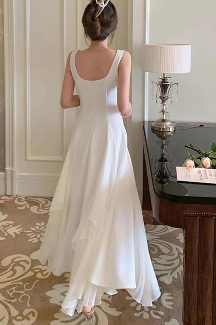 White Elegant Irregular Chiffon Hem Long Prom Dress Evening Dress DP695