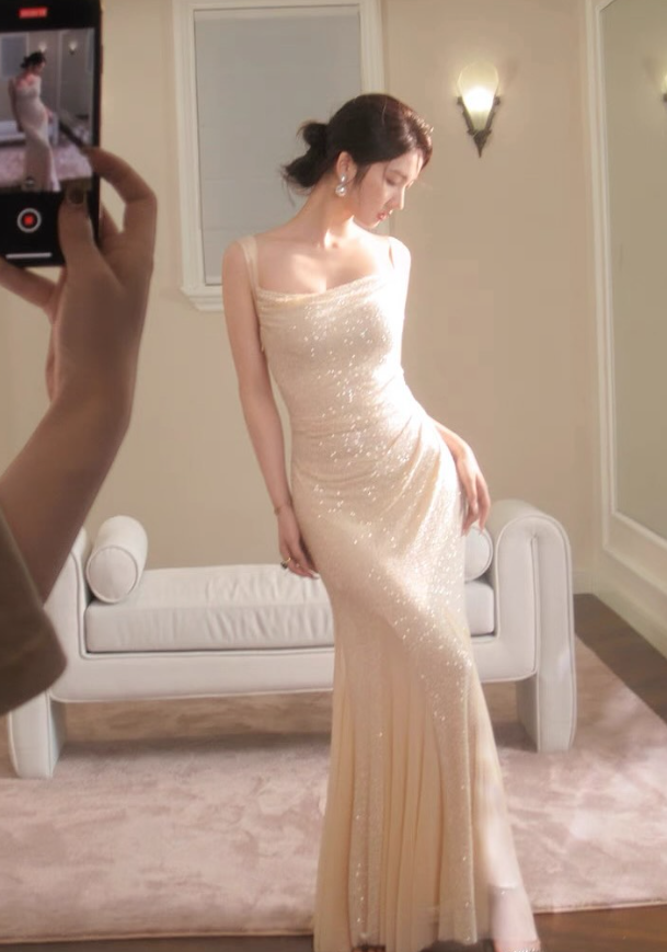 Glorious Mermaid Straps Apricot Sequin Chiffon Prom Dress Evening Dress DP5268