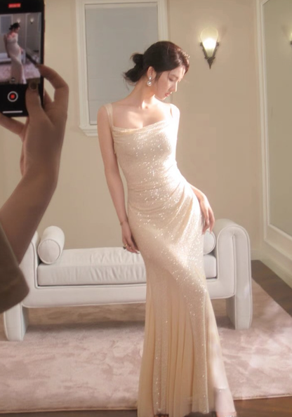 Glorious Mermaid Straps Apricot Sequin Chiffon Prom Dress Evening Dress DP5268