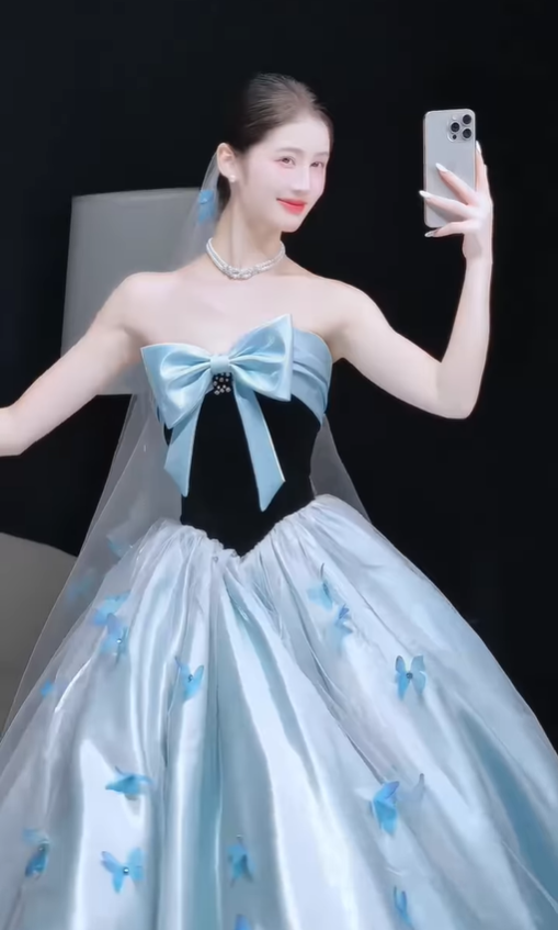 Princess Ball Gown Bow Butterfly Blue Tulle Satin Long Prom Dress DP4646