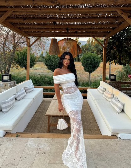 Sexy White Sheath Off the Shoulder Lace Satin Prom Dress Party Dress DP8202