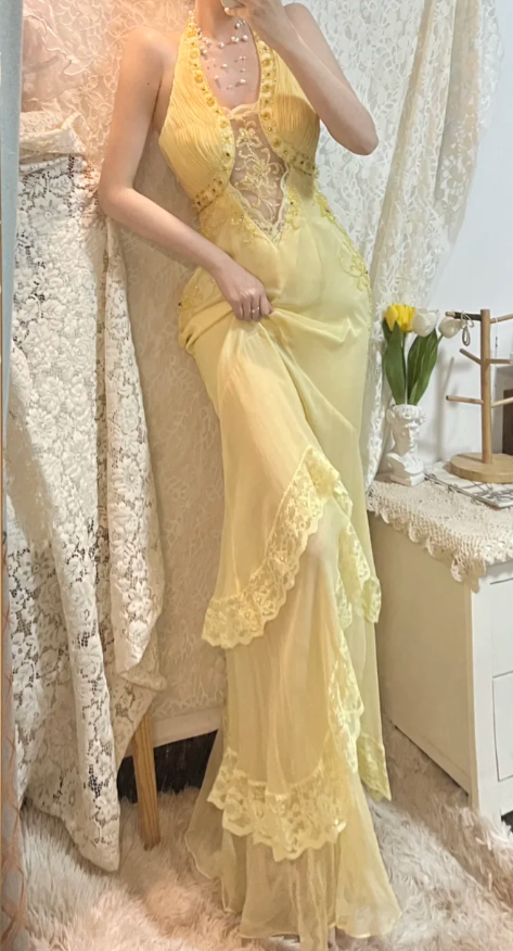 Vintage Mermaid V Neck Beaded Yellow Lace Chiffon Prom Dress Wedding Guest Dress DP4279