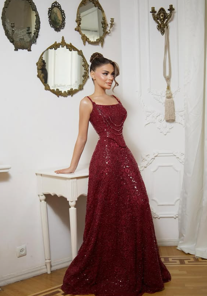 Shiny Burgundy A Line Spaghetti Strap Sequin Long Prom Dress Evening Dress DP6051