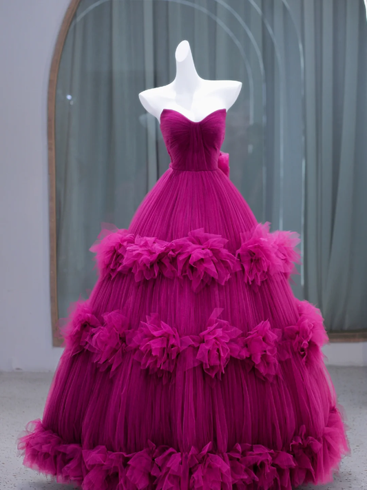 Hot Pink A Line Strapless Layered Tulle Long Prom Dress Party Dress DP2720
