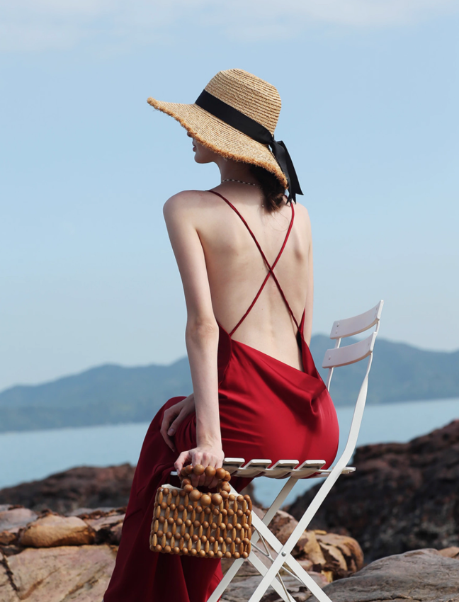 Elegant Sheath Spaghetti Strap Burgundy Satin Open Back Evening Dress Party Dress DP3403