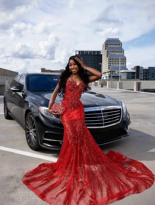 Stunning Red Mermaid Strapless Luxurious Beaded Sequin Tulle Long Prom Dress DP5057
