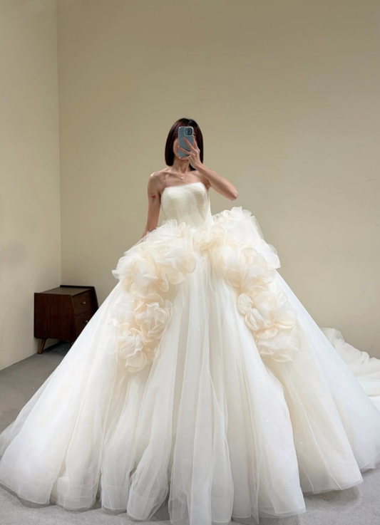 Elegant A Line Strapless Ruffle Tulle Prom Dress DP4709