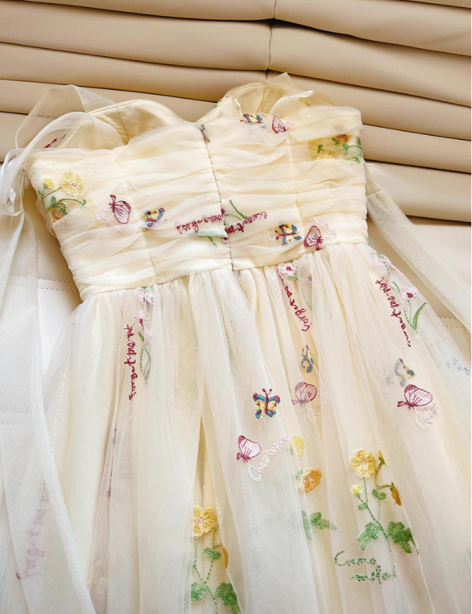 Cute Yellow A Line Spaghetti Strap Embroidery Floral Tulle Prom Dress Party Dress DP4490
