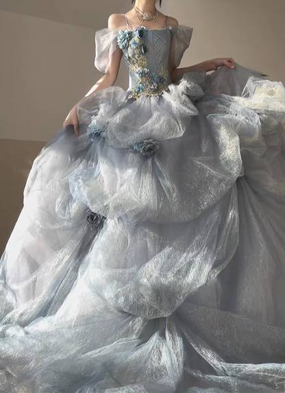 Stunning Blue Ball Gown Off the Shoulder Beaded Floral Tulle Prom Dress Party Dress DP4594