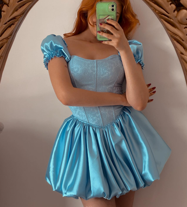 Princess A Line Puff Sleeve Corset Blue Satin Short Homecoming Dress Birthday Dress DP1659