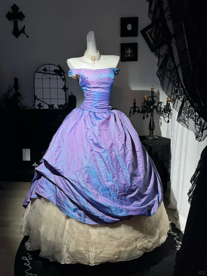Vintage Ball Gown Off the Shoulder Purple Satin Prom Dress Quinceanera Dress DP6963