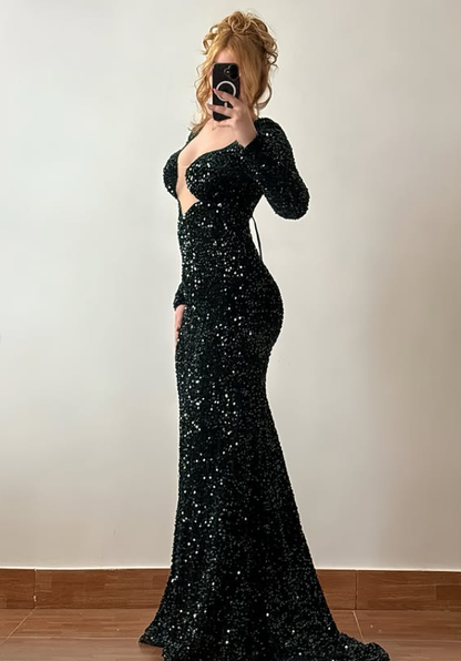 Shiny Sheath Long Sleeve Sequin Backless Prom Dress Evening Dress DP6421
