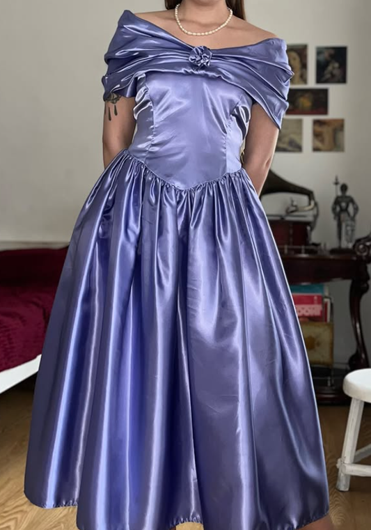 Vintage Purple A Line Off the Shoulder Satin Prom Dress Evening Dress Date Dress DP5704