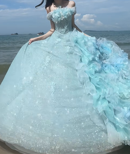 Blue A Line Off the Shoulder Sequin Floral Organza Prom Dress Graduation Ball Gown DP4566