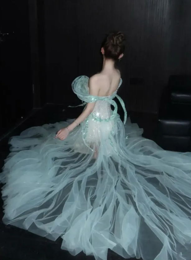 Ethereal Green Ball Gown Off the Shoulder Sequin Tulle Prom Dress Quinceanera Dress DP6612