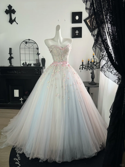 Fairy A Line Off the Shoulder Beaded Pink-blue Ombre Tulle Prom Dress Evening Dress DP6982