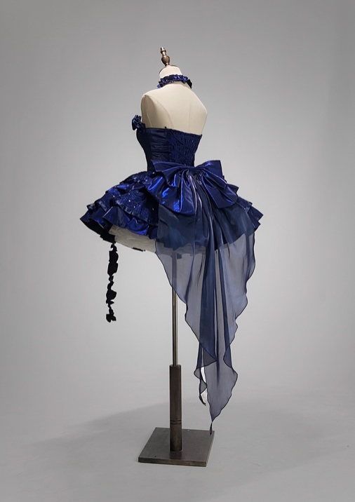 Blue Roses Neckline Lolita Goth Boning Dress Sequins Tiered Ruffle Dress DP4491
