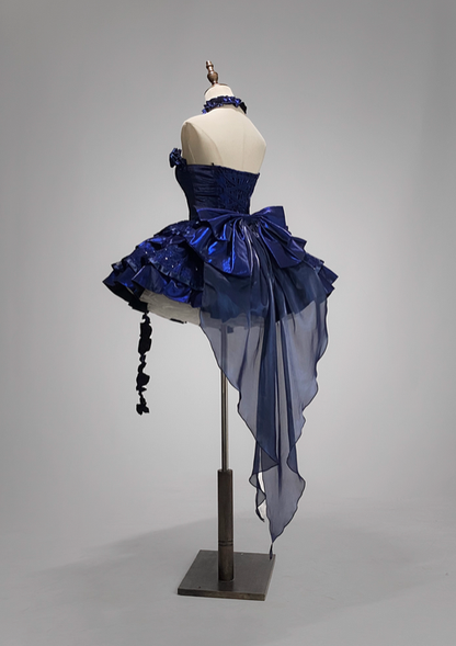 Blue Roses Neckline Lolita Goth Boning Dress Sequins Tiered Ruffle Dress DP4491