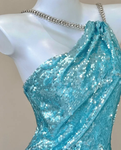 Shiny Blue Mermaid Halter Beaded Sequin Open Back Prom Dress Evening Dress DP4682
