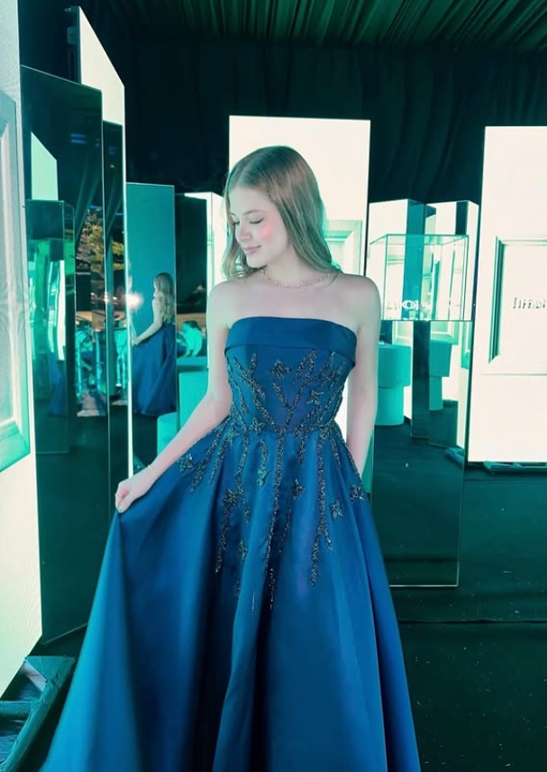 Pretty Navy Blue A Line Strapless Beaded Satin Long Prom Dress Evening Dress DP6762