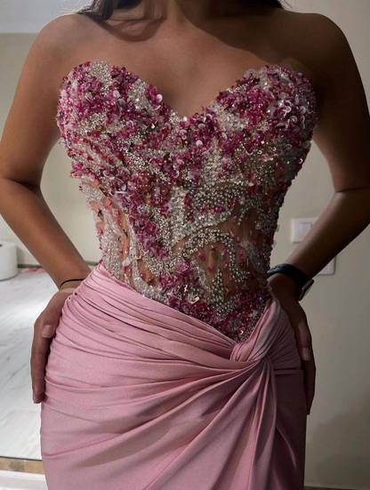 Sweety Pink Sheath Strapless Beaded Sequin Satin Prom Dress with Slit DP5738
