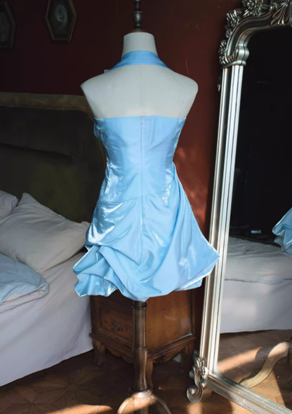 Cute Navy Blue A Line Halter Pleated Satin Open Back Short Homecoming Dress Outfits DP4700