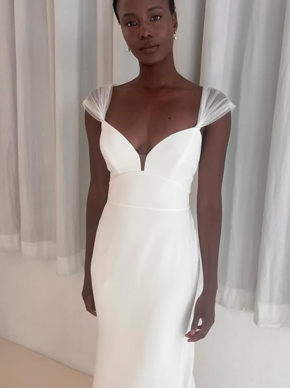 Pretty A Line Straps White Tulle Satin Long Wedding Dress DP4301