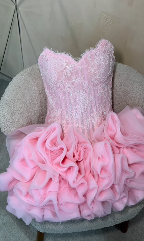 Princess Pink A Line Strapless Lace Tulle Short Prom Dress Homecoming Dress DP6209